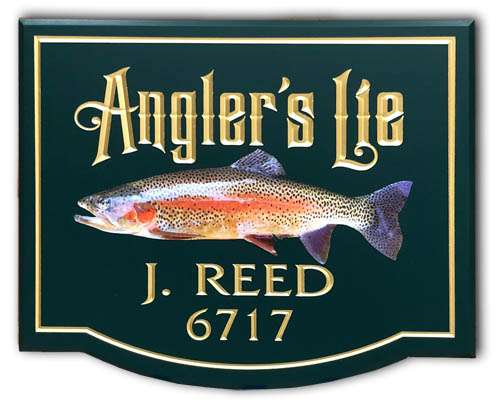 Anglers_Lie_Hanging OR Wall-Mount Custom_Designed Sign with Carved Prismatic Gold-Leaf Letters and Painted Logo