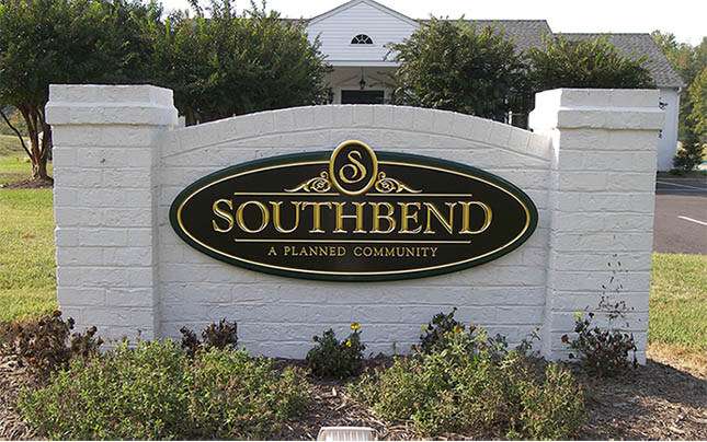 SUBDIVISION ENTRY SIGN, MASONRY MONUMENT WITH HDU FACE, PRISMATIC INCISED CARVED AND 23 K GOLD-LEAF LETTERING, CHESTER, VA