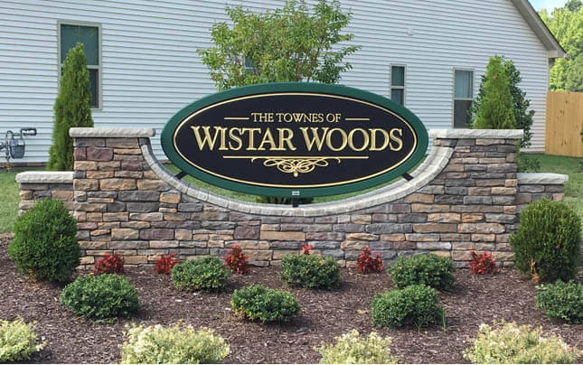 SUBDIVISION ENTRY SIGN, MASONRY MONUMENT WITH HDU FACE, PRISMATIC INCISED CARVED AND 23 K GOLD-LEAF LETTERING, BLACK SMALTS BKGD, HENRICO, VA