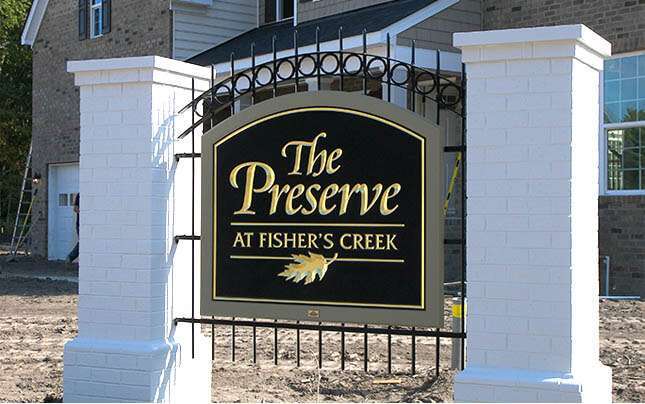 MASONRY
SUBDIVISION ENTRY SIGN, 23 K GOLD-LEAFED CARVED LETTERING, BLACK SMALTS, BKGD & DECORATIVE  WROUGHT IRON BRACKET, YORKTOWN, VA