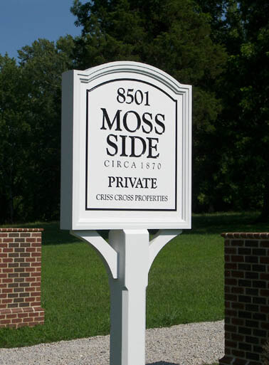 COLONIAL-STYLE  ENTRY SIGN WITH PRISMATIC INCISED ROUTED LETTERING, MITERED PVC FRAME &amp;amp; DECORATIVE CUSTOM WOOD/ PVC POST, NEW KENT, VA